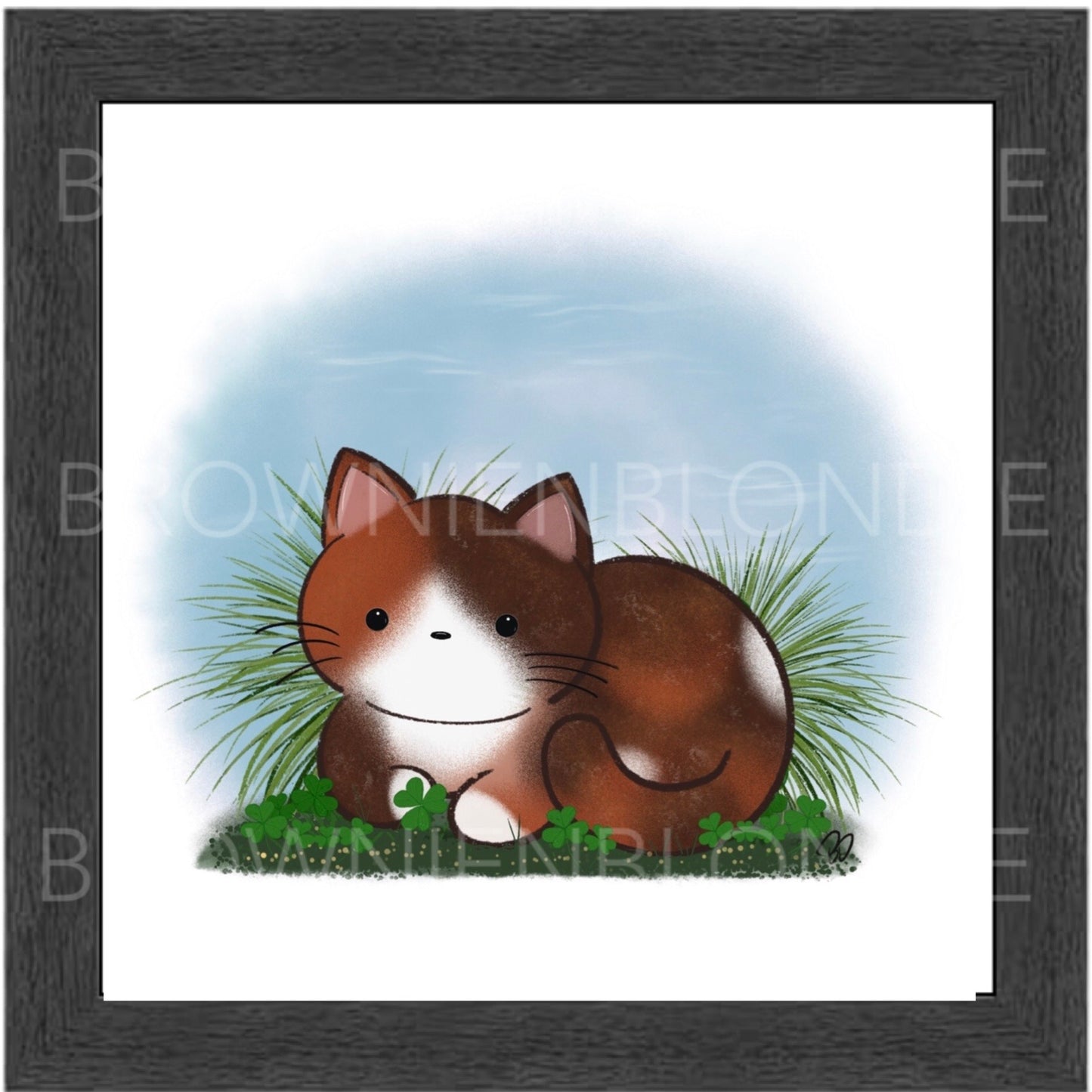 Framed Art Print -  Cat with Clover