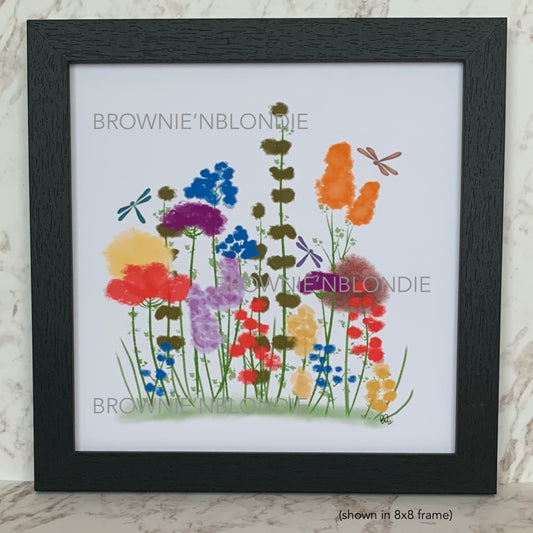 Framed Art Print -  Dragonflies & Rainbow Flowers